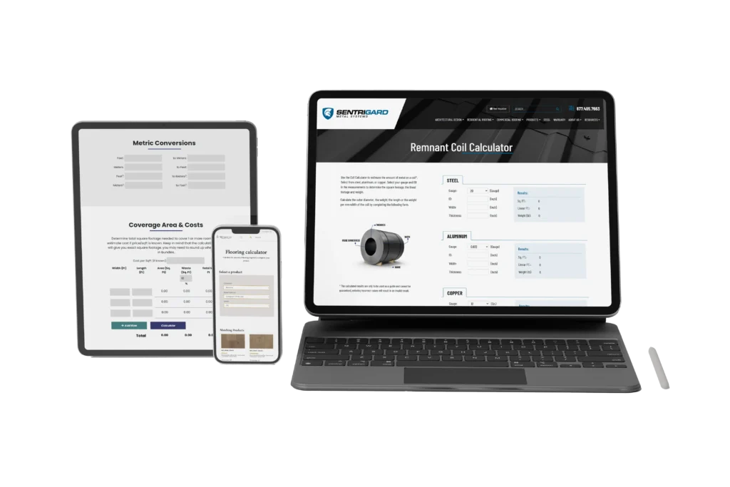 jast-calculators-mobile-integration Image showing a custom JAST Media remnant coil calculator and flooring calculator displayed across a tablet, laptop, and mobile phone, visualizing accurate and mobile-first material estimation tools
