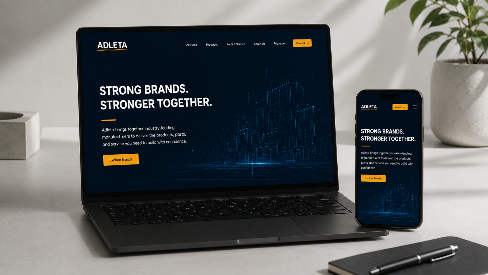 Construction industry website and ordering tools displayed across responsive devices