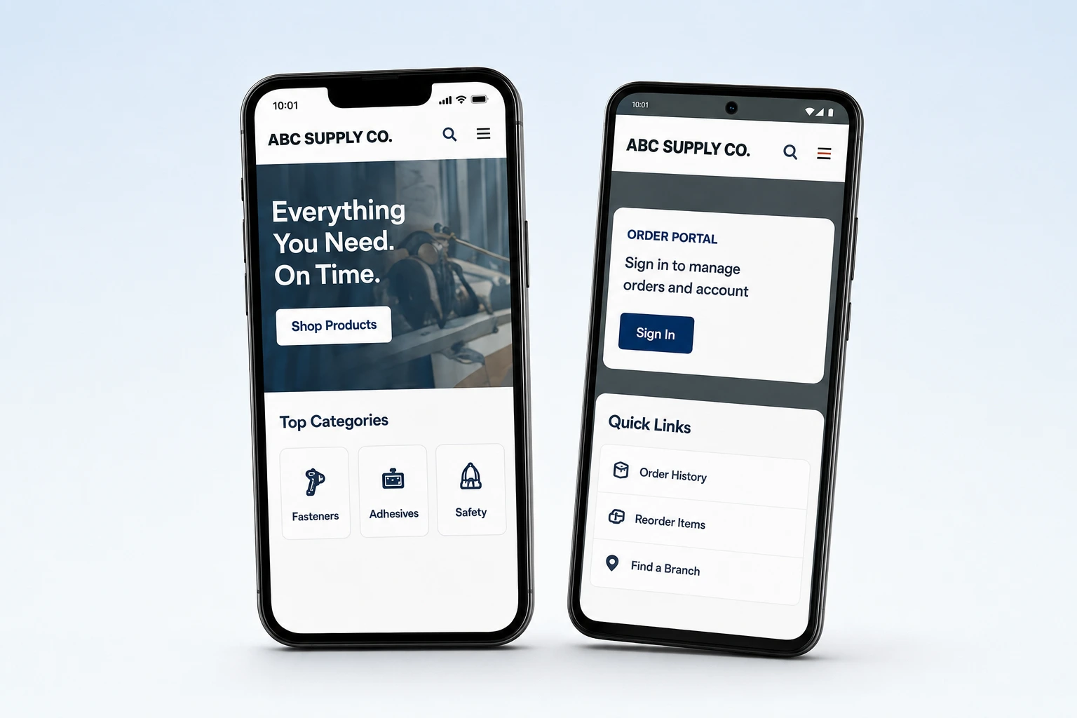 Website shortcut icon for an ABC Supply customer portal displayed on two mobile phones